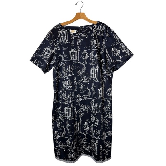 Talbots Dress Women 16W Navy Blue White Cotton Parisian Scene Preppy Plus Size - Picture 2 of 10